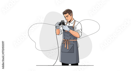 Barber Inspects Electric Razor Preparing Grooming, Professional Barbering Illustration
