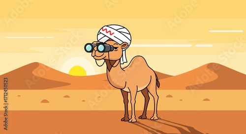 Curious Camel Observes The Horizon In A Desert Landscape With Binoculars