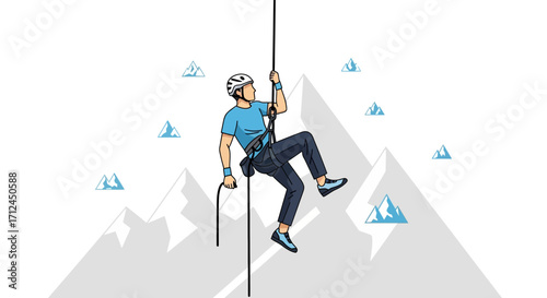 Climber Ascending a Mountain, Using Rope and Safety Equipment, Adventurous and Exciting