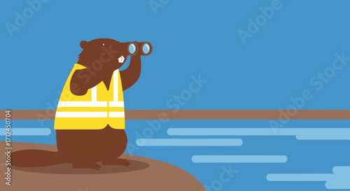 Curious Cartoon Beaver Equipped With Binoculars Gazing Across A Striking Blue Water Scene