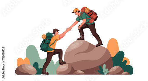 Climbers Hiking Together Reaching Peak, Conceptual Illustration, Achieving Goals
