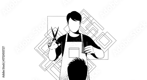 Barber Portrait With Geometric Background, Minimalist Style, Monochrome Design