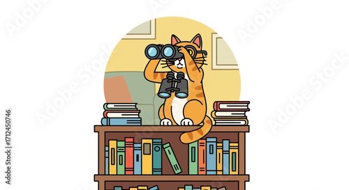 Curious Cartoon Cat Peering Through Binoculars Atop a Bookshelf In A Playful Scene