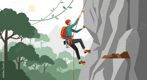Climbing Ascent Amidst A Textured Rock Cliff And Lush Greenery With A Sunny Perspective
