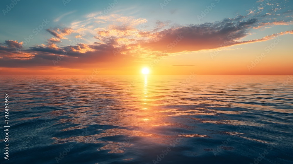 Obraz premium Serene sunset over calm ocean waters, with vibrant colors reflecting on the surface, peaceful atmosphere
