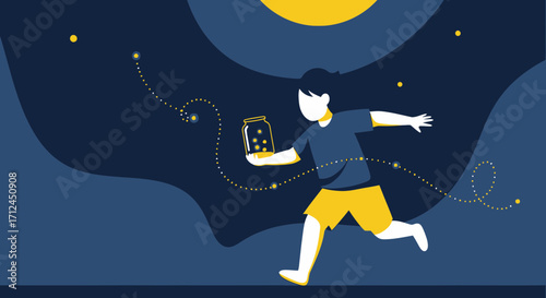 Child Capturing Fireflies During Summer Night Dream Illustration Artwork Design Concept