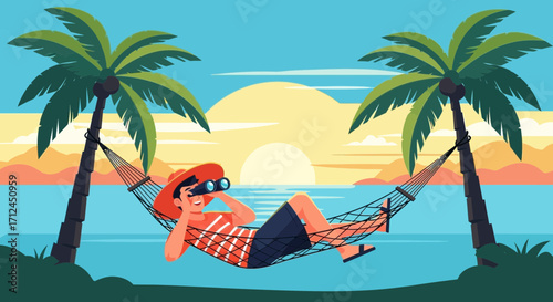 Coastal Sunset View Through Binoculars, Tropical Beach Vacation and Leisure Concept