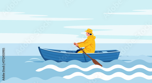 Coastal Traveler Rowing a Boat Amidst Serene Waters Under a Cloudy Sky