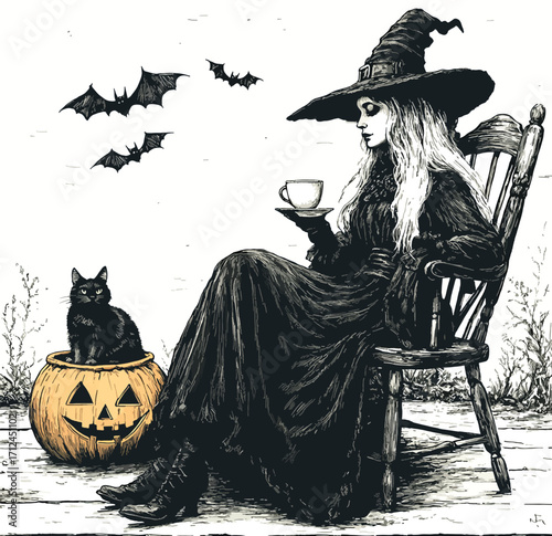Cozy Witch Scene with Black Cat.