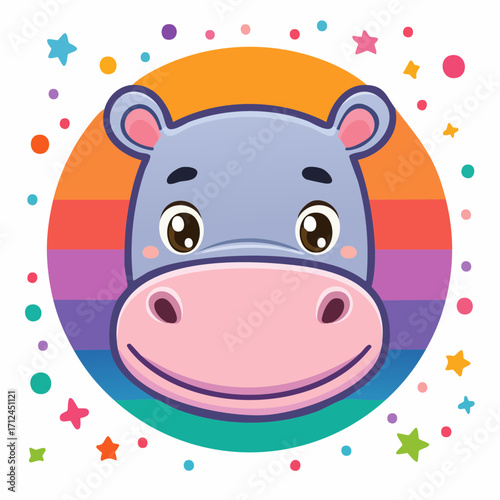Cute and cheerful cartoon baby hippopotamus face illustration, smiling sweetly against a vibrant rainbow-striped circle background with playful stars and confetti