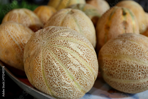 Bild auf Leinwand Group of whole cantaloupe melons fills the frame on a shallow metal tray