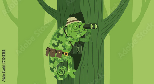 Curious Chameleon Observes Nature With Binoculars While Perched On A Tree Branch
