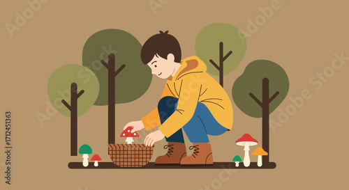 Collecting Wild Mushrooms Amongst A Forest Depicting Botanical Study and Outdoor Recreation