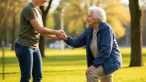 Elderly Person Receiving Assistance in Park
