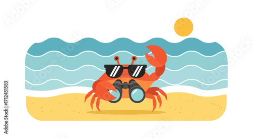 Beachside Crab Enjoys Coastal Scenery, Sporting Sunglasses While Observing Horizon