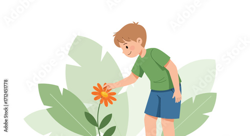 Curious Child Examining A Blooming Flora In A Serene Garden Environment Scene