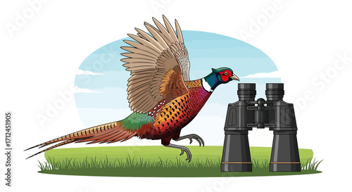 Colorful Pheasant Flying Past Binoculars on a Green Meadow Under a Blue Sky