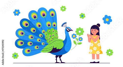Colorful Peacock with Outspread Tail and Little Girl Admiring its Vibrant Plumage