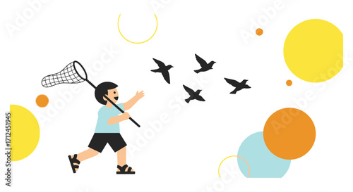 Child Chasing Birds With A Net Illustrated Against A White Background