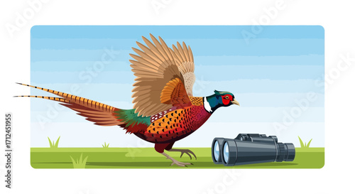 Colorful Pheasant Takes Flight Over Landscape, Beside Binoculars And Blue Sky