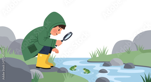 Curious Child Exploring Aquatic Life With Magnifying Glass Beside Calm Stream