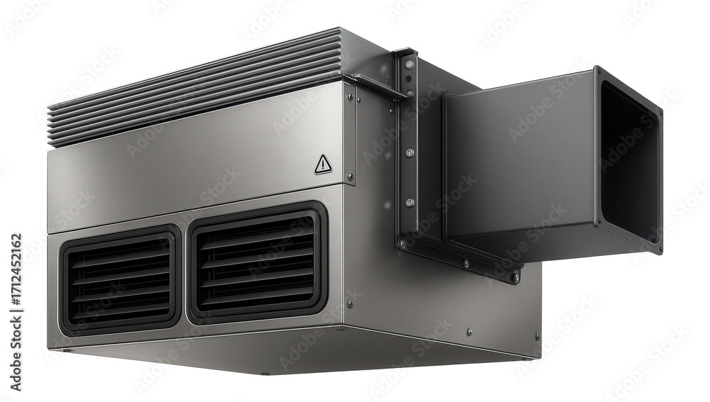 Fototapeta premium Ceiling-mounted industrial air conditioner with a large rectangular duct for a manufacturing facility.