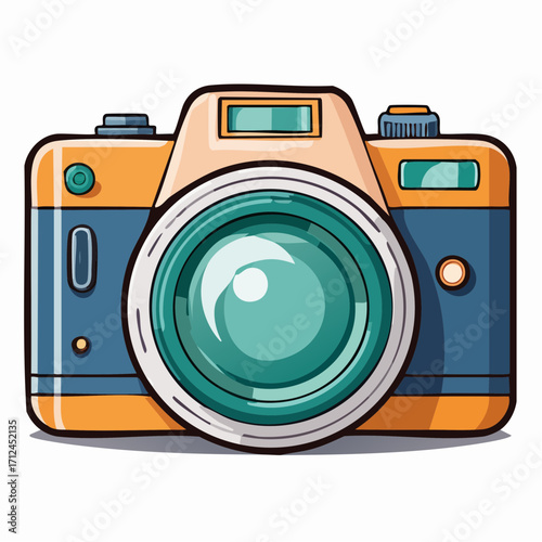 Colorful cartoon camera icon illustration with a retro aesthetic, a simple graphic symbol for photographer or videography concepts