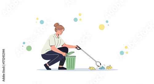 Community Action in Progress: A Woman Tidies Up the Area with a Claw Grabber Tool