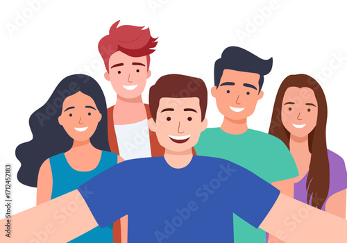 Group selfie of friends. Cartoon people making joint photo portrait on phone camera, smiling girl and boy take video self, friendship picture photograph, flat vector. Illustration of selfie friendship