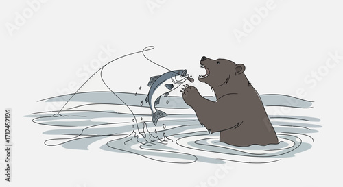 Bear Snatching A Fish, Illustrative Depiction Of Predator's Instinct And Hunting Prowess