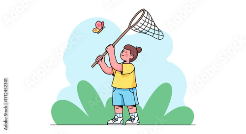 Child Chasing Butterfly With Net Capturing Joyful Moments In The Nature