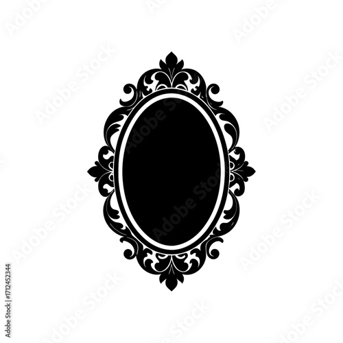 Ornate oval frame in black ink on transparent background silhouette