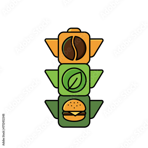 A modern graphic depicts a traffic light with icons for coffee, a leaf, and a hamburger, symbolizing a range of dietary choices and mindful consumption.