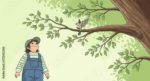 Curious Child Gazes Upon A Bird Perched On A Branch Of A Towering Tree