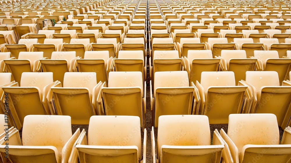 Fototapeta premium Symmetrical yellow stadium seats from above, a serene geometric pattern of empty spaces