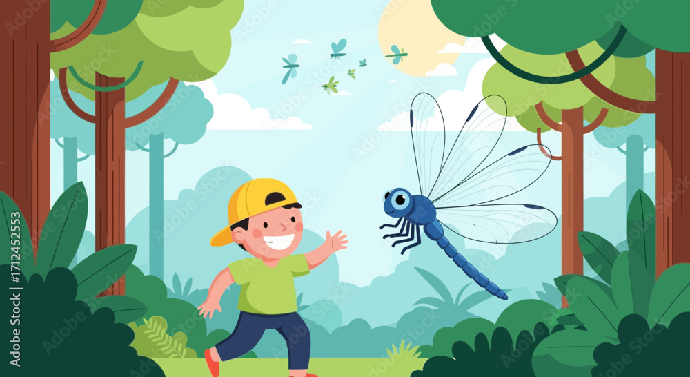 Naklejka premium Child Chasing Dragonflies For Fun, Nature Scene, Green Forest And Happy Memories