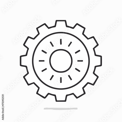 Gear Icon Simple Line Drawing of Cogwheel with Sunburst for Mechanics and Technology Concepts