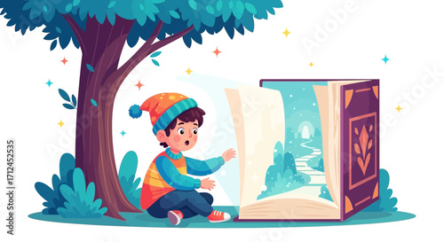 Curious Child Gazing At A Magical Storybook Under A Shaded Tree, With Anticipation