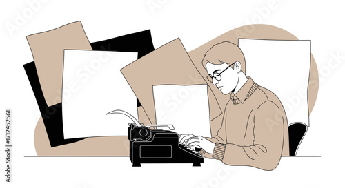 Conceptual Illustration Of A Man Composing With A Typewriter Against A Background Of Papers