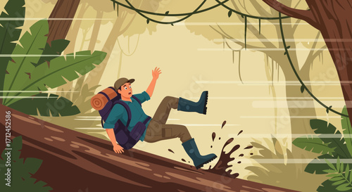 Concerned Adventurer Slipping On A Fallen Log In Lush, Sunny Jungle Environment