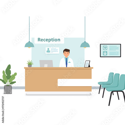 Modern Vector Illustration of Reception Area with Medical Staff and Patient Chairs in Minimalist Style