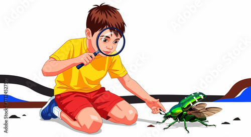 Curious Child Inspecting Beetle: A Vibrant Illustration of Scientific Discovery