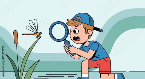 Curious Child Inspecting Dragonfly With Magnifying Glass Near Water Vegetation