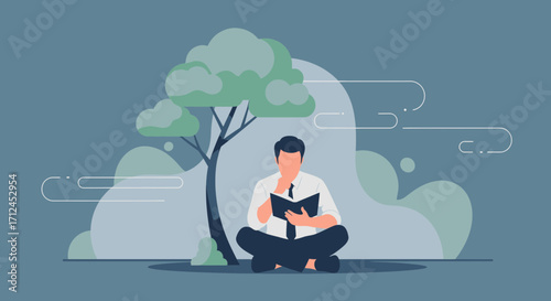 Contemplative Figure Engrossed In Thoughtful Reading Under A Serene, Lush Tree