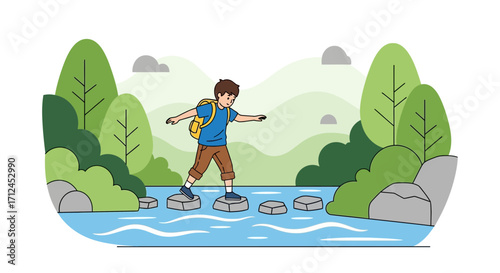 Child Crossing River Stepping Stones: Exploring Nature And Embracing Adventure