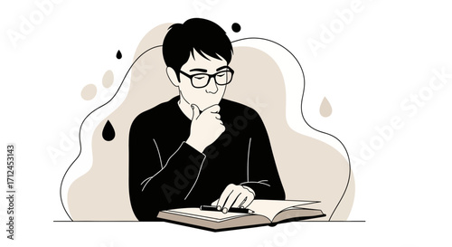 Contemplative Man With Glasses Ponders Ideas Above a Book, Minimalist Illustration