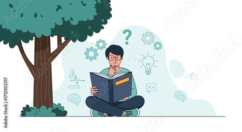 Contemplative Reader Under Shade Exploring Ideas Illustrated in A Conceptual Design