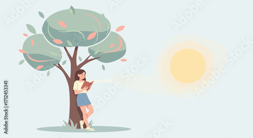 Contemplative Reader Finding Serenity Under Shady Tree, Absorbing Sunlight, Calm Atmosphere