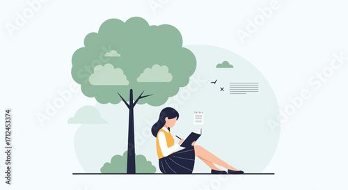 Contemplative Woman Writing Under a Shady Tree, Enjoying Serene Moment, Illustration