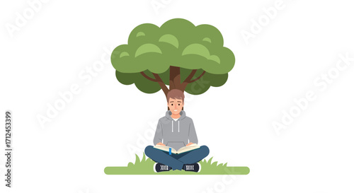 Contemplative Young Adult Reading Under a Shade-Giving Tree in Peaceful Solitude